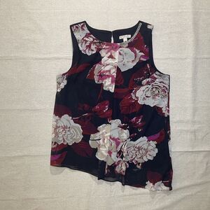 Dressbarn | Sleeveless Floral Blouse with Rhinestone Neckline | Large